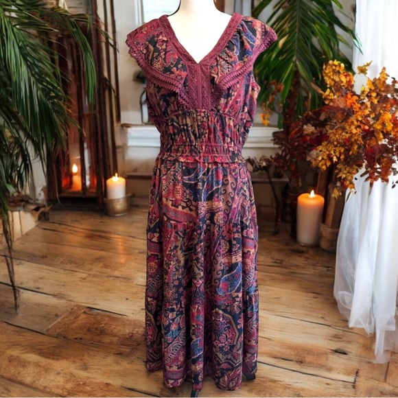 TAHARI ASL Print Lace Trim Tiered Midi Dress - Size 8 - Picture 2 of 16